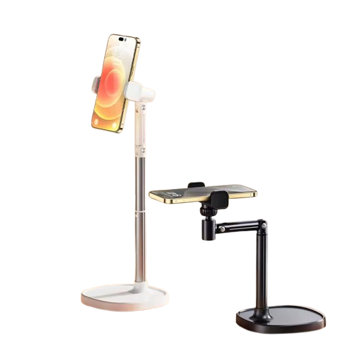 Foldable and height-adjustable cell phone holder rotates at all angles.